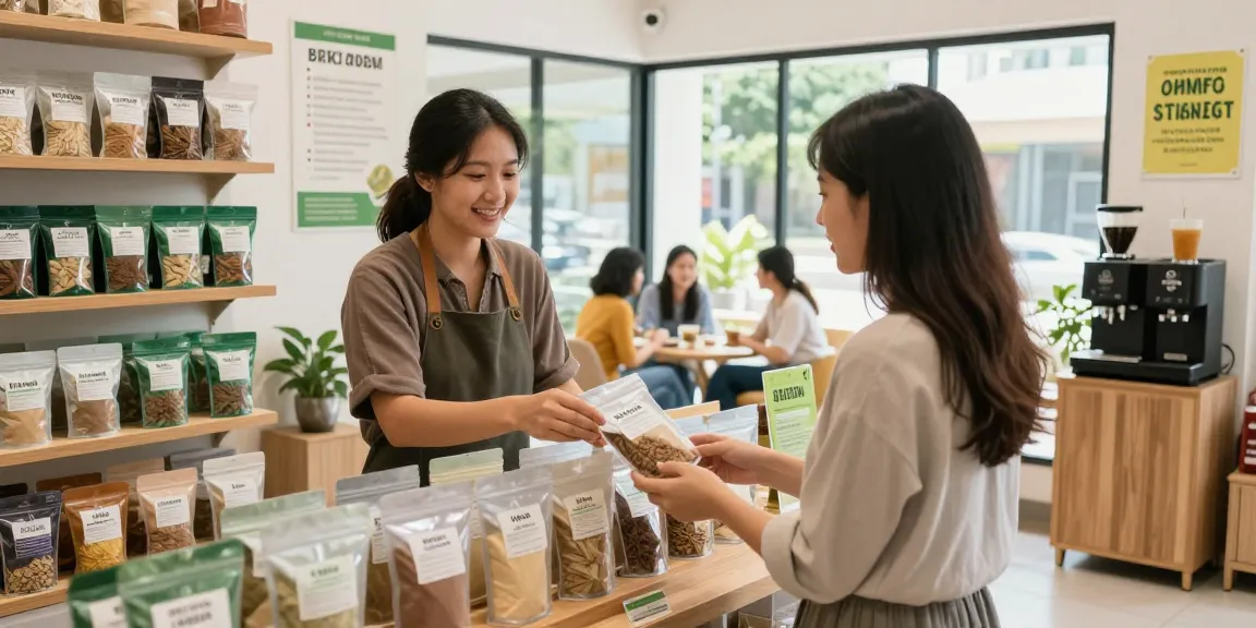 Fresh kratom powder displayed in an inviting shop environment with friendly staff assisting customers.