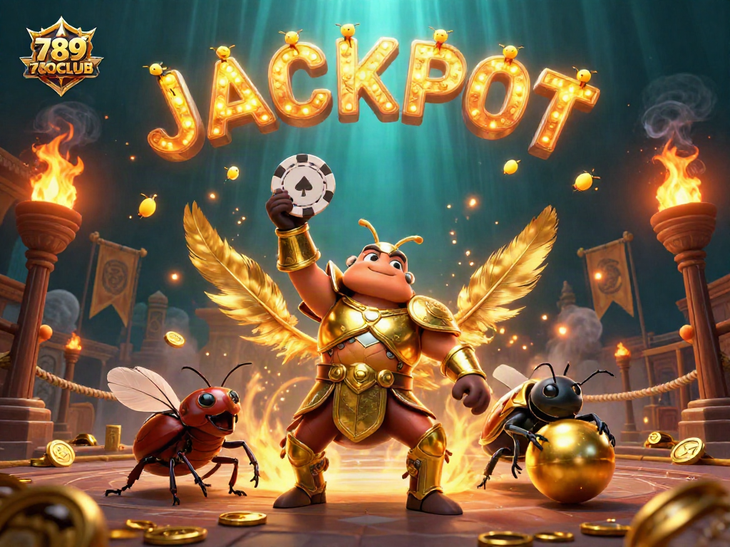 The 789CLUB logo shines as victorious beetles celebrate with poker chips in a vibrant casino setting.