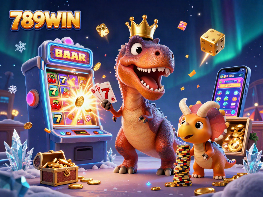 Engage with the immersive 789WIN casino experience featuring a T-Rex, pterodactyl, and triceratops in vibrant action.