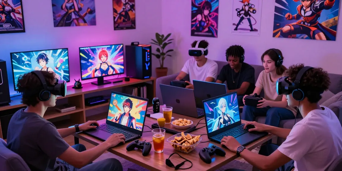 Friends enjoying ecchi games in a lively living room with colorful lighting.