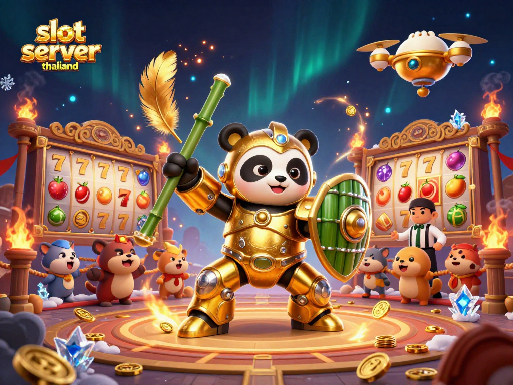 Experience thrilling gameplay at slot server thailand with a panda piloting a gaming robot amidst vibrant casino elements.