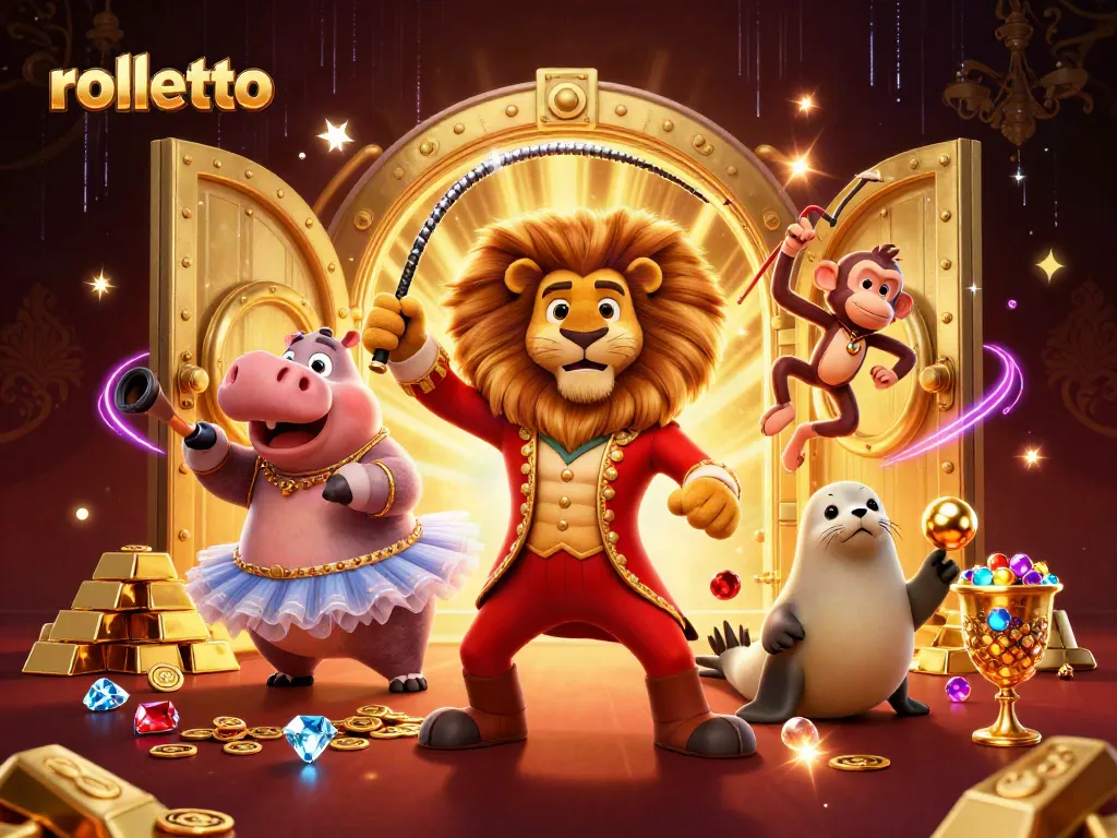 Experience thrilling wins at Rolletto Casino with lively characters and sparkling treasures in a vibrant scene.