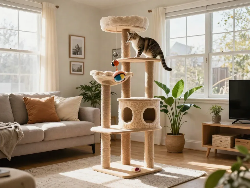 Cat tree with cozy hideaways and a playful cat basking in sunlight in a stylish living room.
