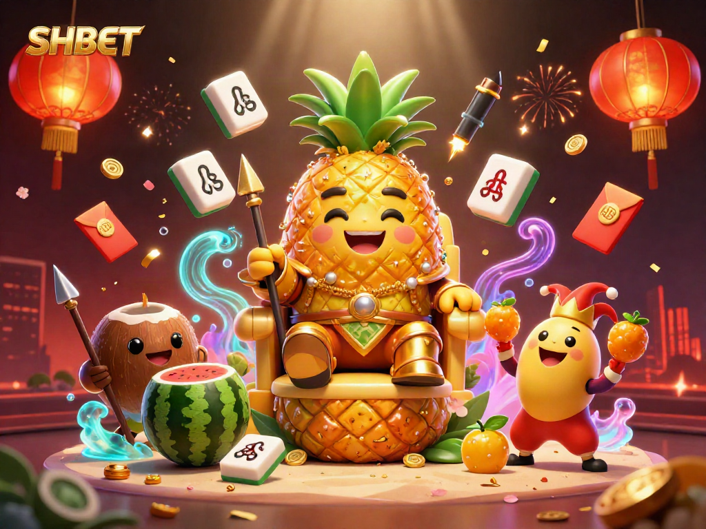 Spin and win big with SHBET at a vibrant beach casino featuring a golden pineapple king and festive game elements.