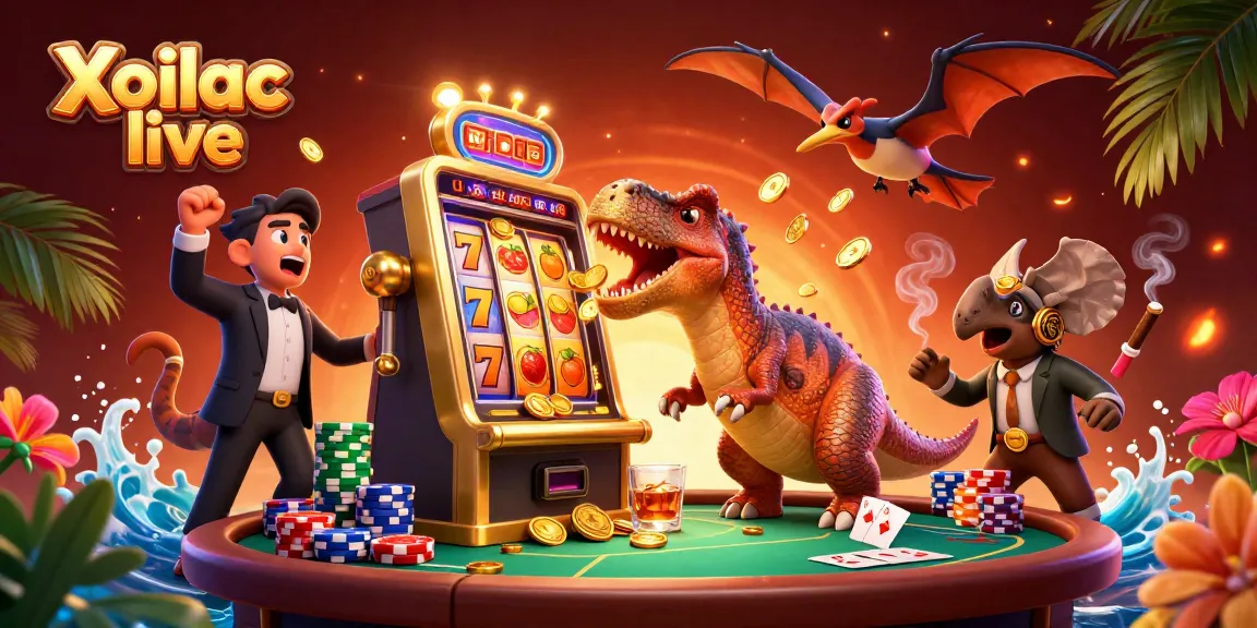 Xoilac live illustration of a pachycephalosaurus hitting a slot machine, surrounded by casino elements and vibrant dynamics.
