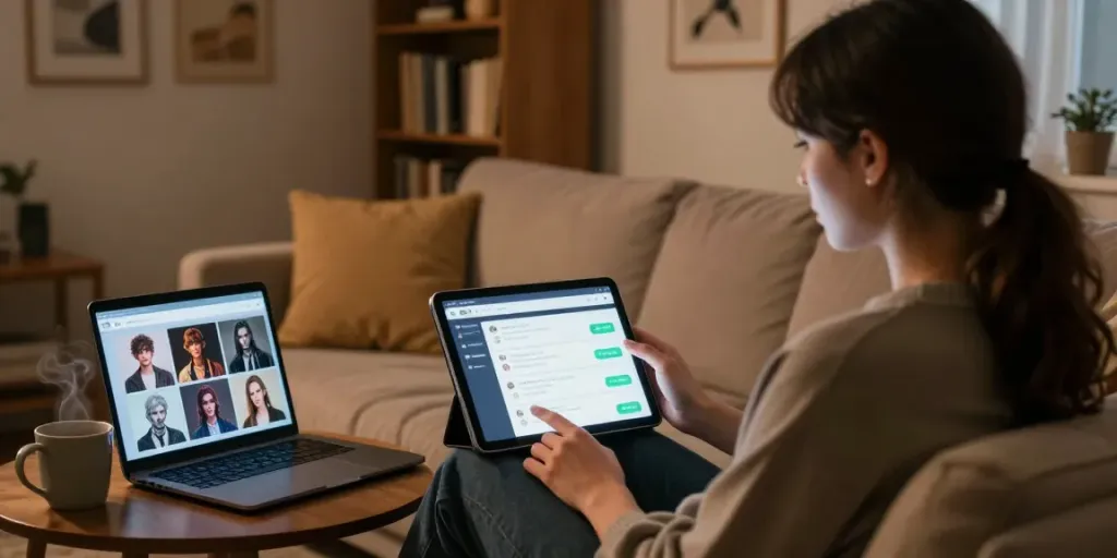 Engaging in intimate AI chat porn interactions in a cozy room.