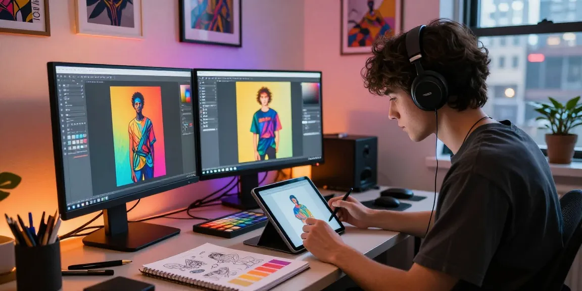 Artist creating NSFW AI imagery in a vibrant digital workspace