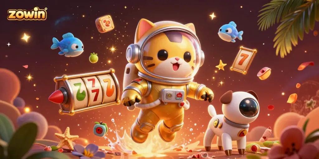 Zowin casino's immersive adventure features a space astronaut cat and robotic dog amidst vibrant gaming symbols.
